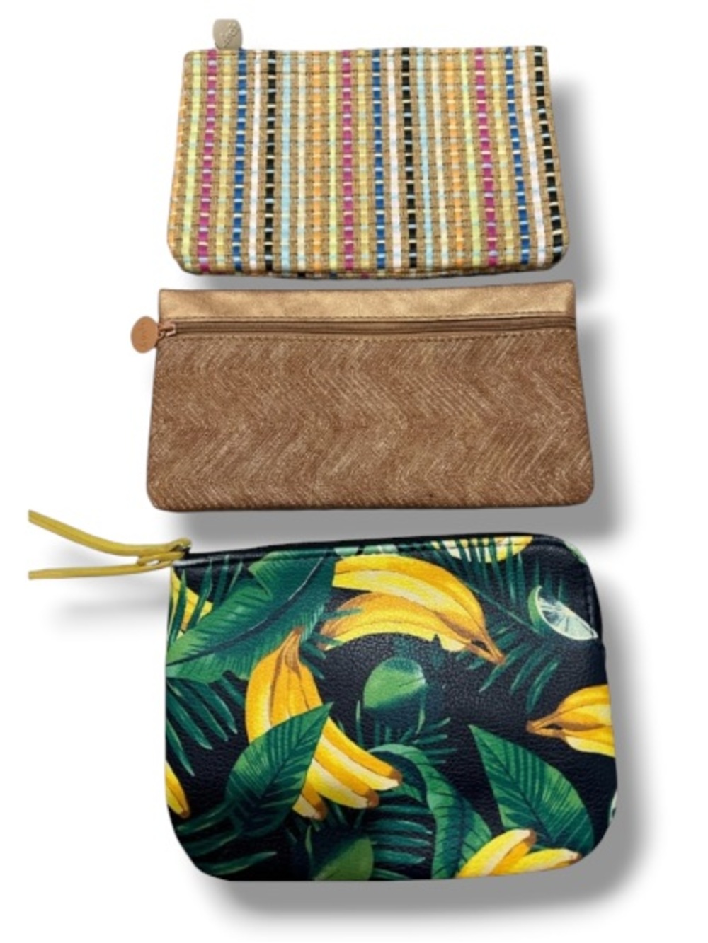 Ipsy Bundle Wristlets Bronze Wicker Summer & Banana Polka Dot Design Clutch